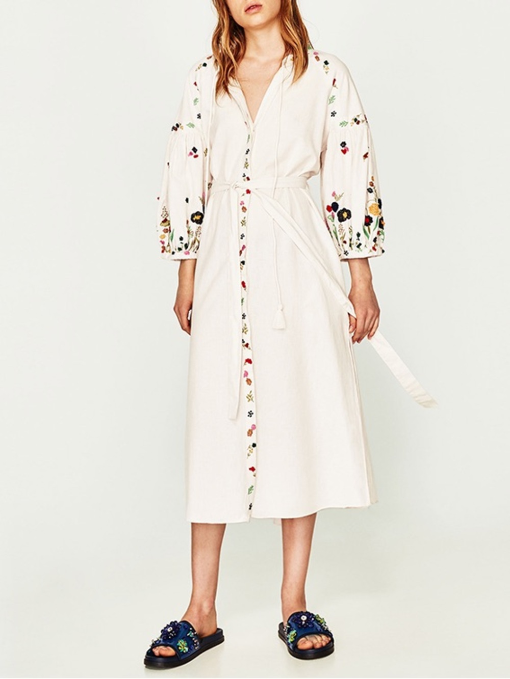 Zara White Long Floral Embroidered Tunic (Dress) *no sash belt*